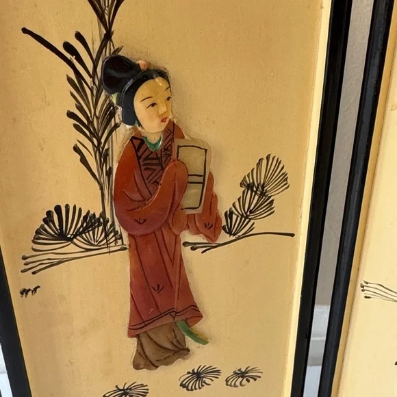 Vintage Asian Folding Screen with raised stone with inlay Asian ladies - Picture 6 of 14